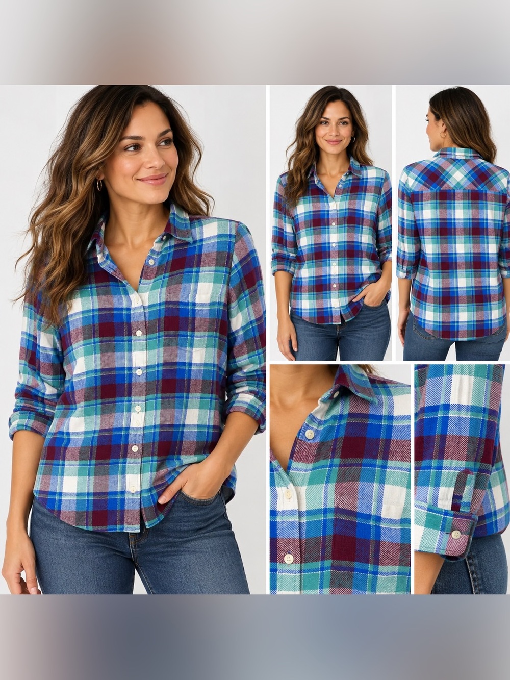 J.Crew Plaid Button Down Flannel Shirt Blue Green Burgundy Size 6
